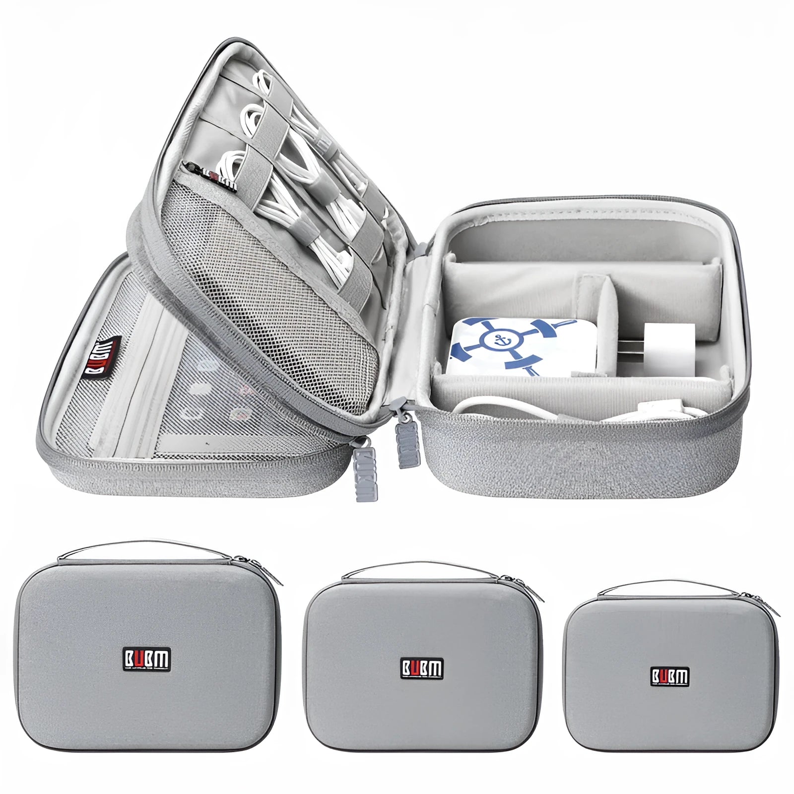 Black EVA digital storage bag with headset storage compartments open showing organisation for cables and accessories