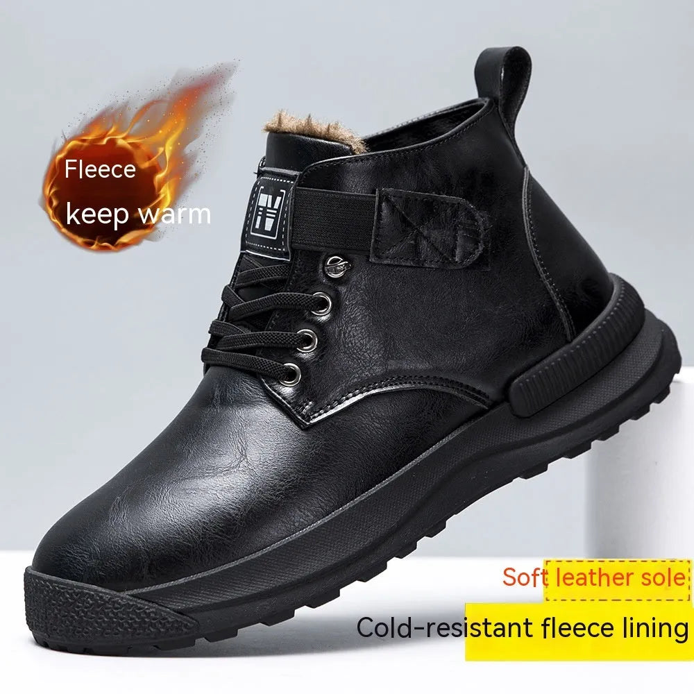 Men's black high-top platform Martin boots with velvet PU upper and rubber sole