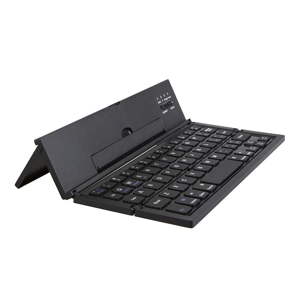 Black and white folding Bluetooth keyboard for tablets with aluminium bottom
