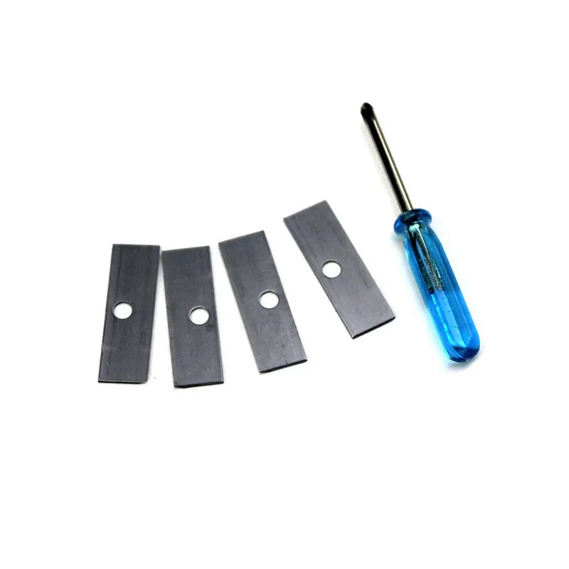 Geometric plastic pencil sharpener with four colour-coded holes and integrated screwdriver tool