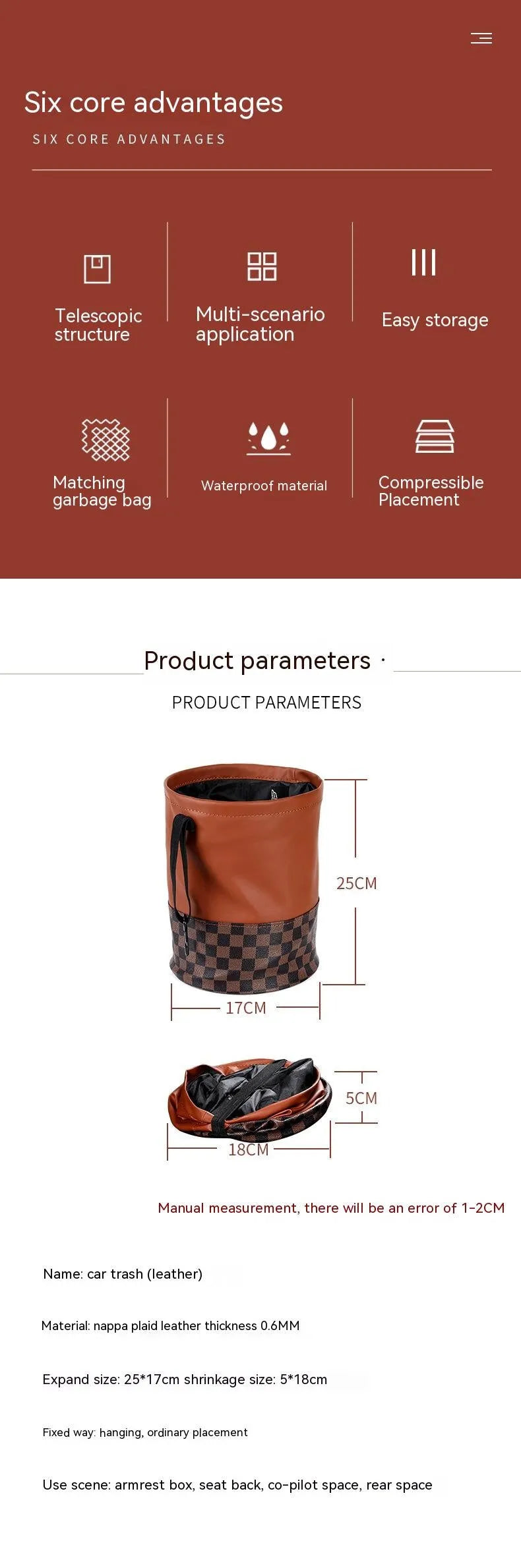 A retractable leather car trash can shown in a vehicle, featuring a carry handle.