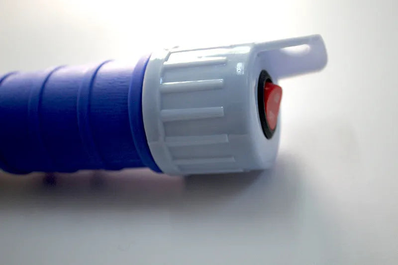 Blue manual hand siphon pump for transferring gasoline and oil, made from PP plastic.