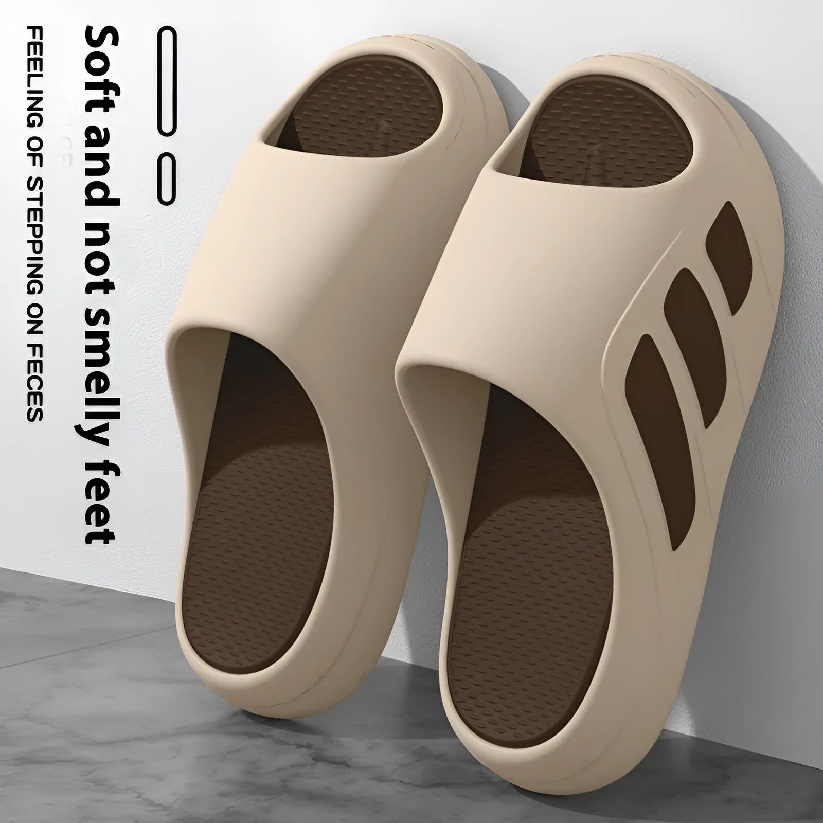 Brown unisex EVA platform flip flops with a thick sole and letter detailing for indoor use.