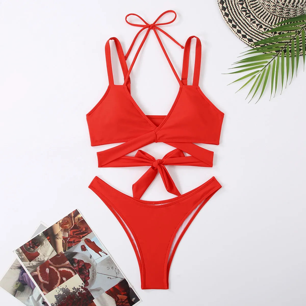 Women's solid colour strap beach bikini swimsuit in a briefs style, shown in one of five colour options.
