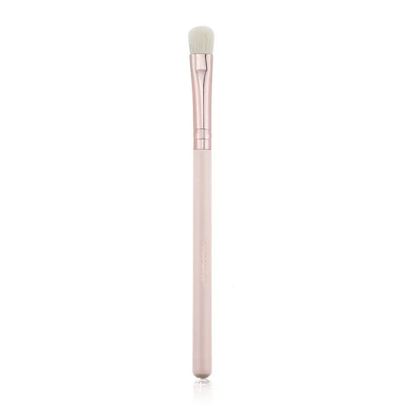 26 pink-handled makeup brushes with wool bristles in a rolled-up PU case