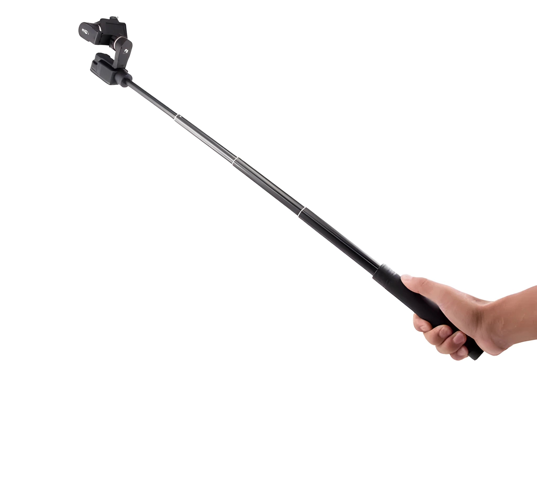 Black retractable aluminium selfie stick extended to 45 cm with a smartphone mounted.