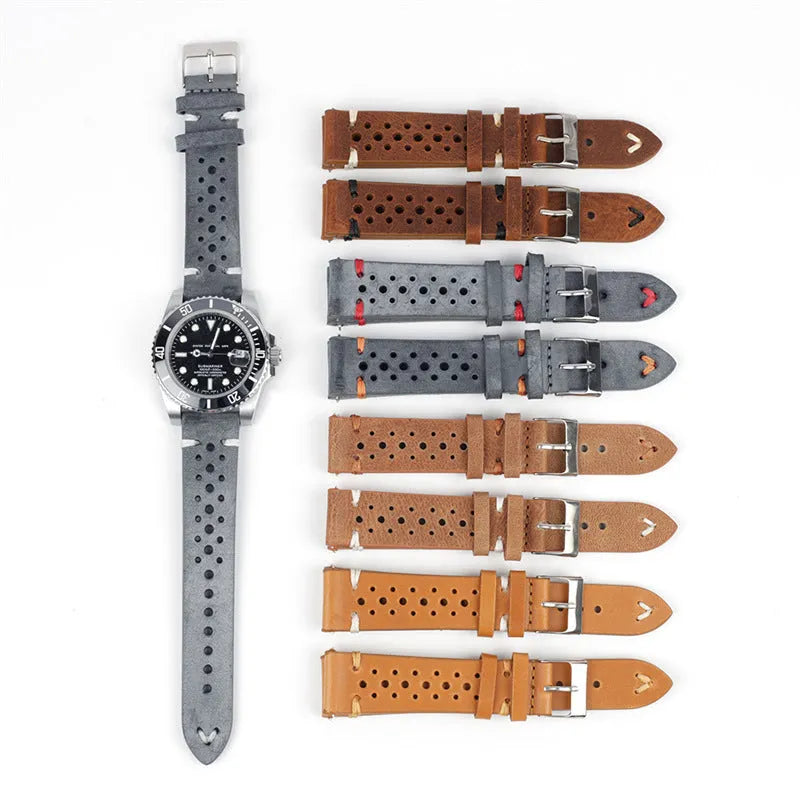 Handmade retro genuine leather watch band in brown with contrast stitching