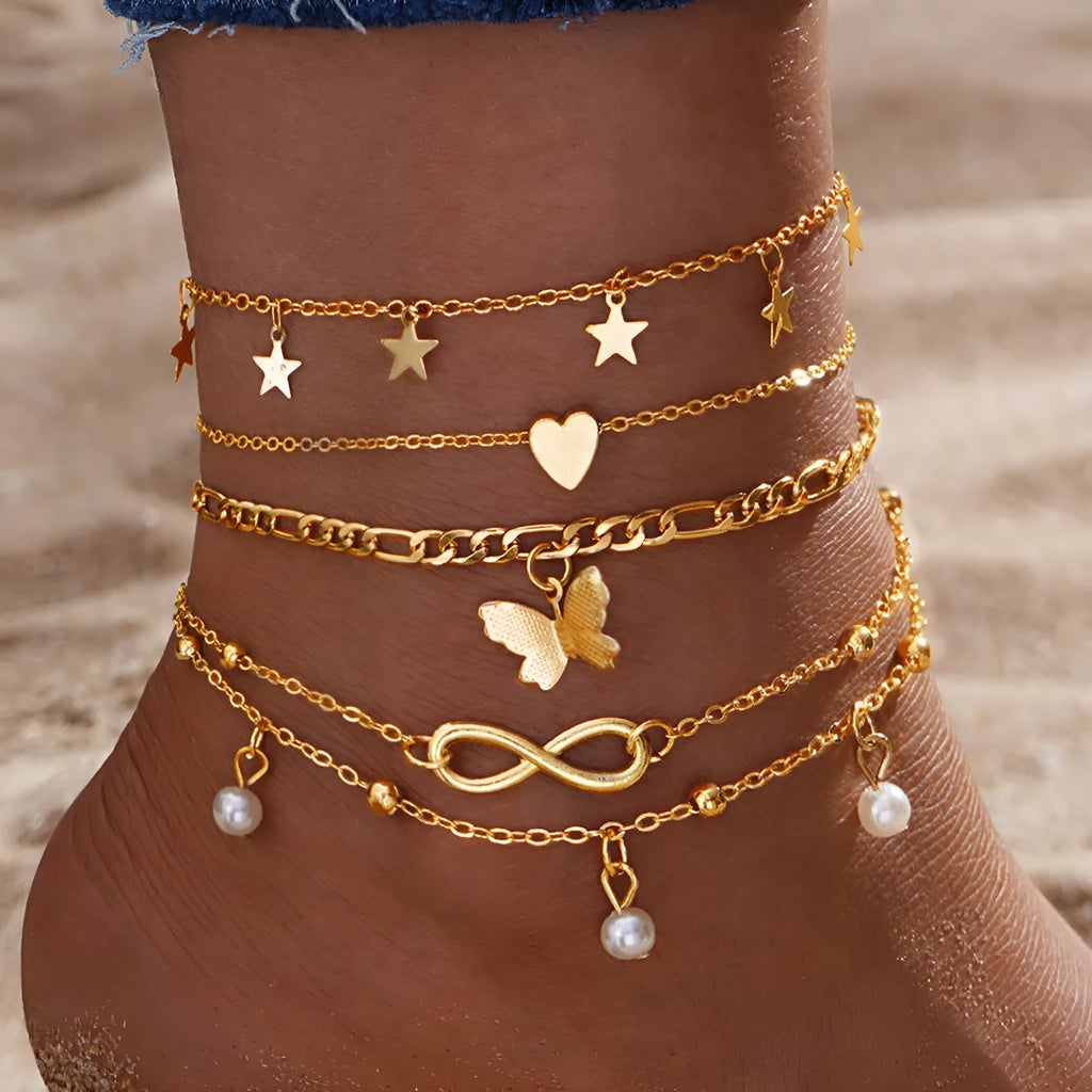 Women's butterfly pearl heart anklet 4-piece set layered alloy jewellery
