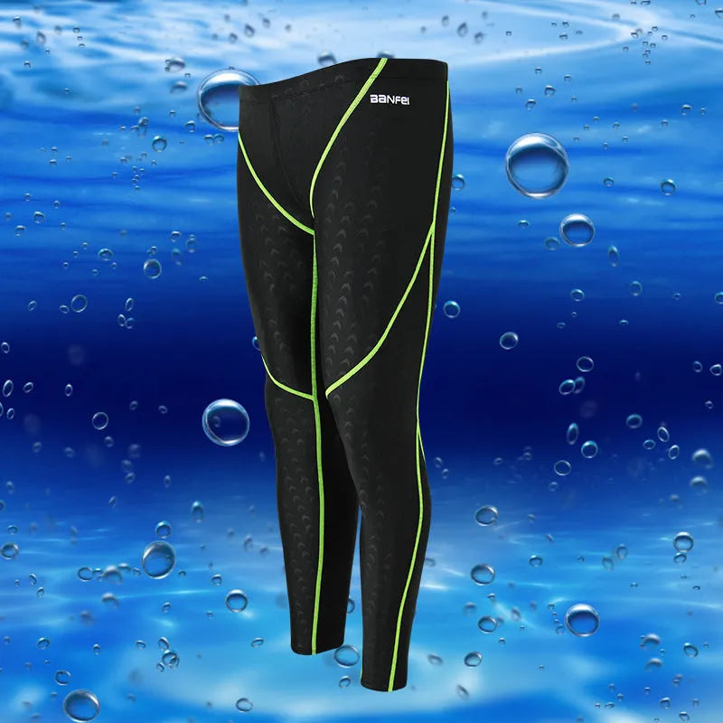 Men's black nylon cropped swimming trunks with a coloured line detail and brief style