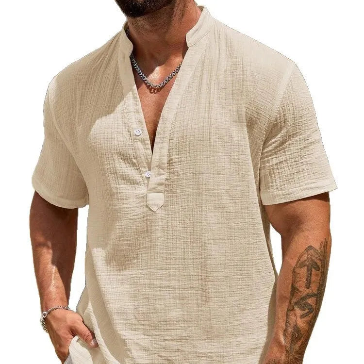 Men's solid colour short-sleeved shirt with a stand collar on a hanger