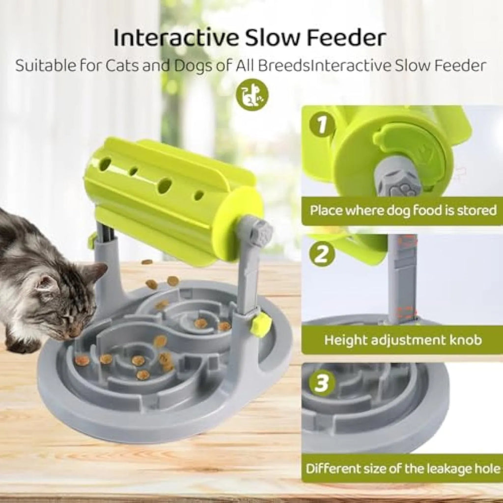 Blue adjustable height interactive dog and cat puzzle feeder slow food bowl toy