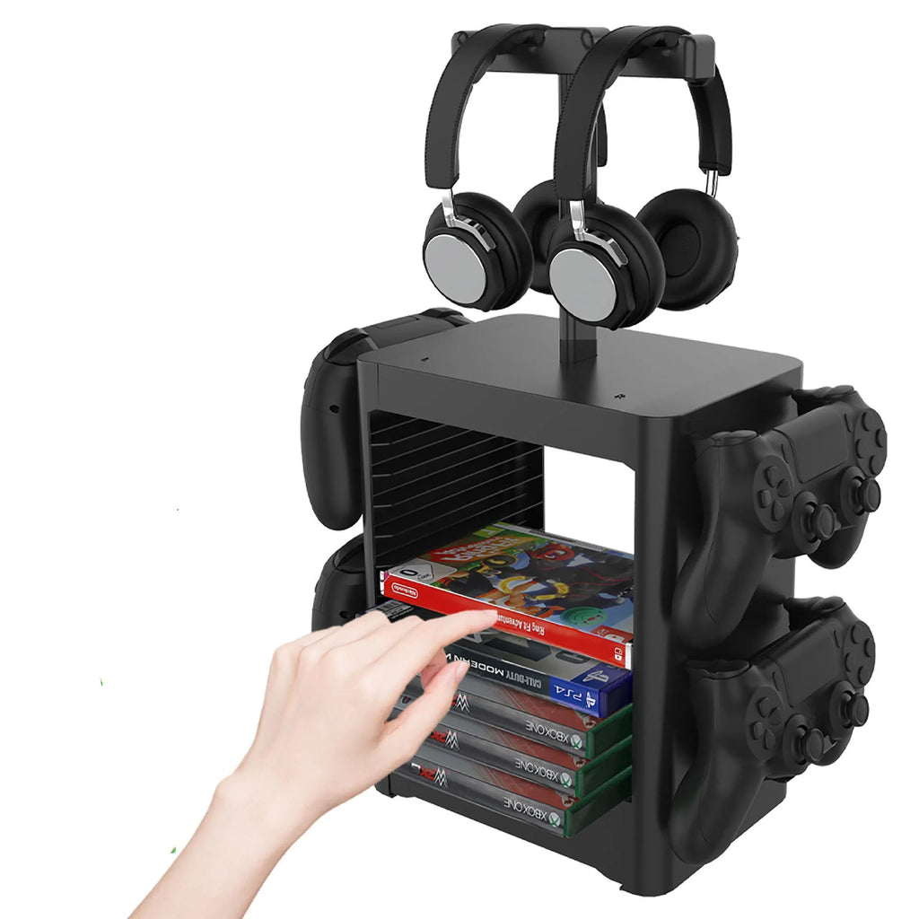 Black ABS gaming console storage rack with headset platform, controller hooks and storage drawer