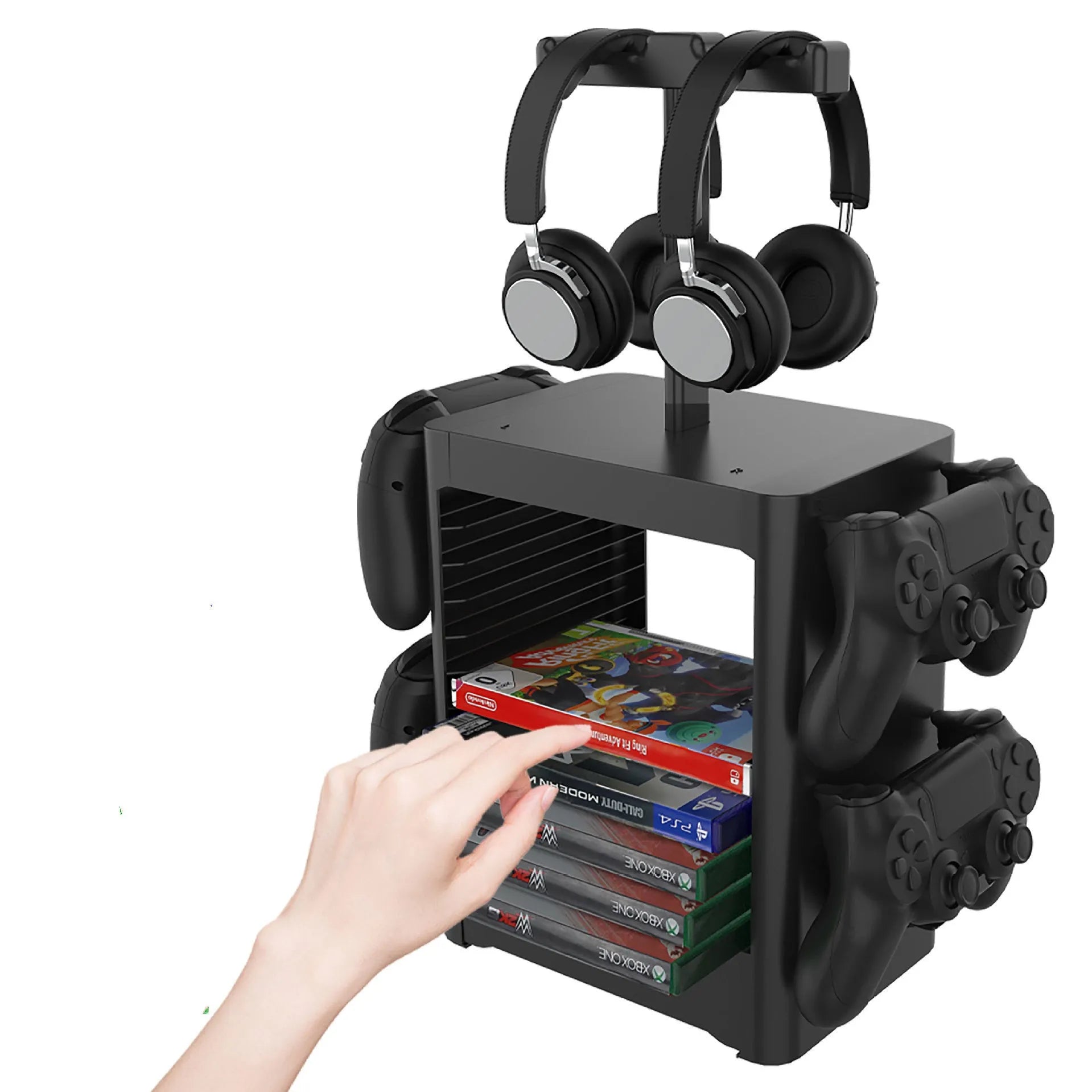 Black ABS gaming console storage rack with headset platform, controller hooks and storage drawer