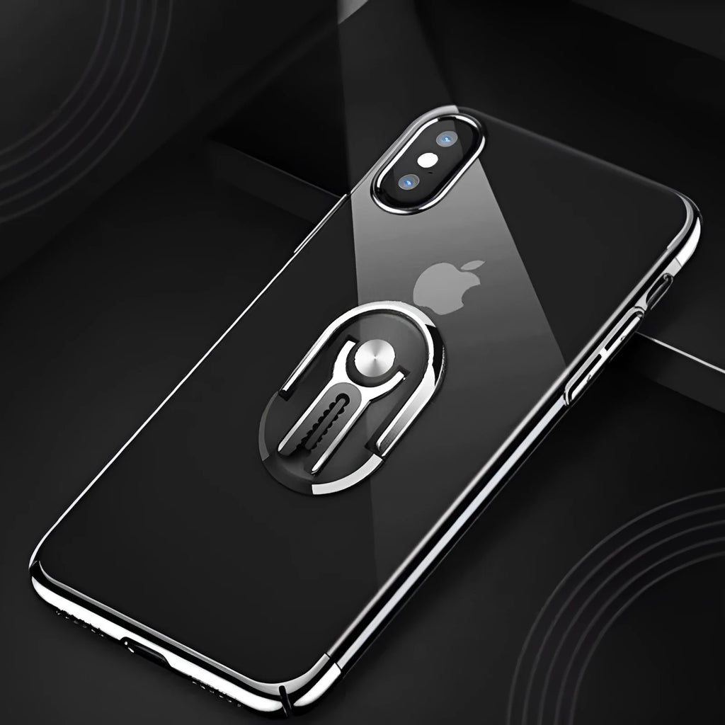 Black universal car phone bracket mounted on car vent holding smartphone