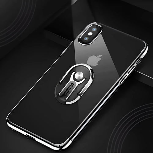 Black universal car phone bracket mounted on car vent holding smartphone
