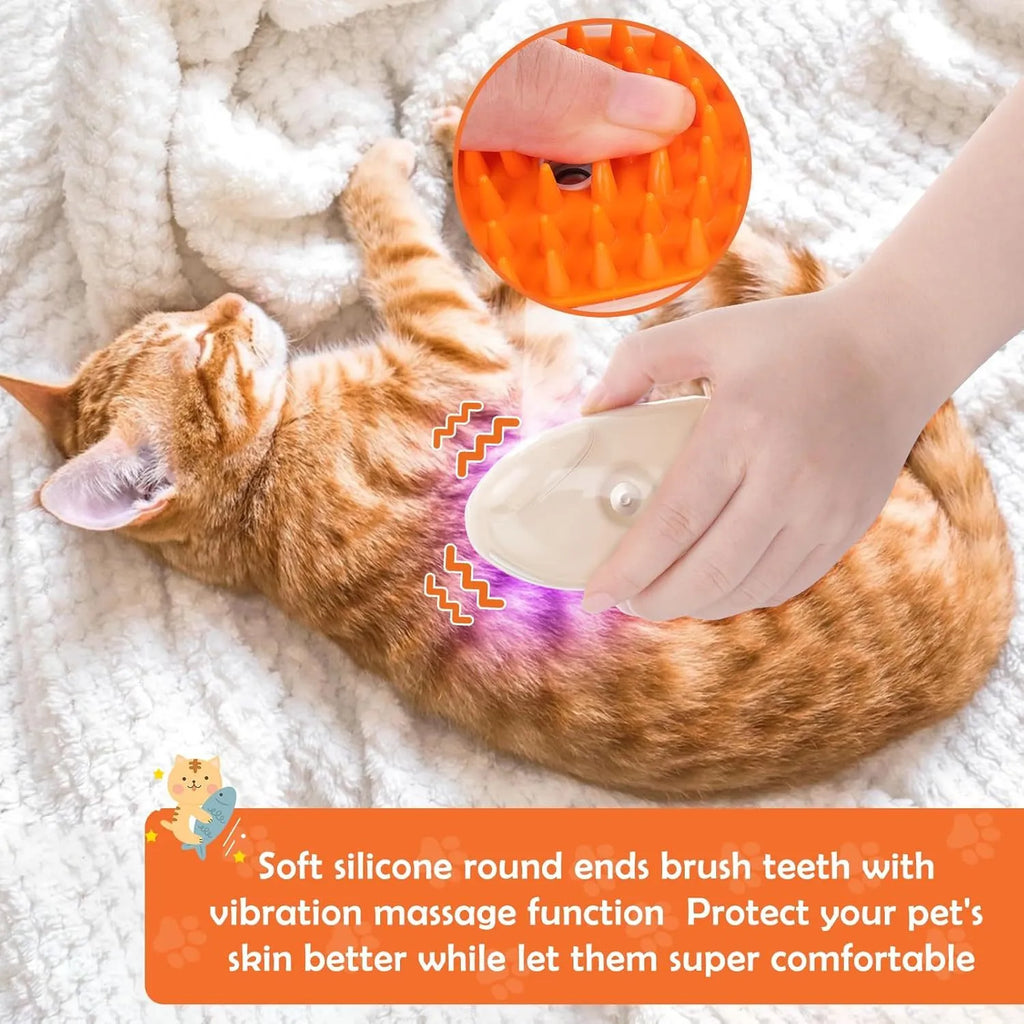 Yellow 4-in-1 cat steam brush with silicone teeth, water tank, and ringworm detector lamp.