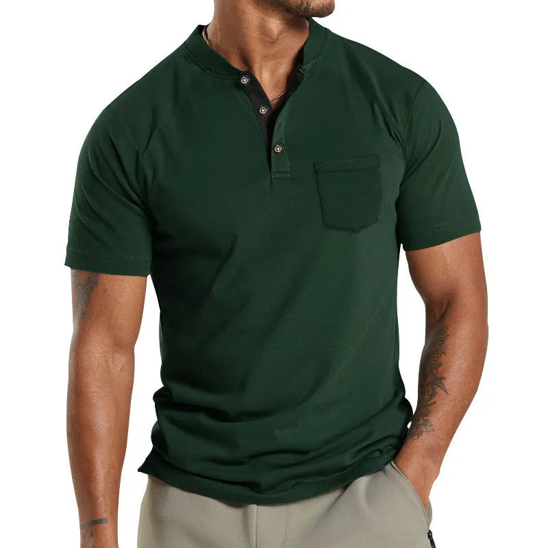 Men's plus size solid colour short sleeve shirt with a button chest pocket, shown in Army Green.