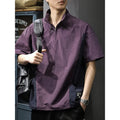 Brown men's casual business shirt with a half-zipped stand collar and short sleeves.