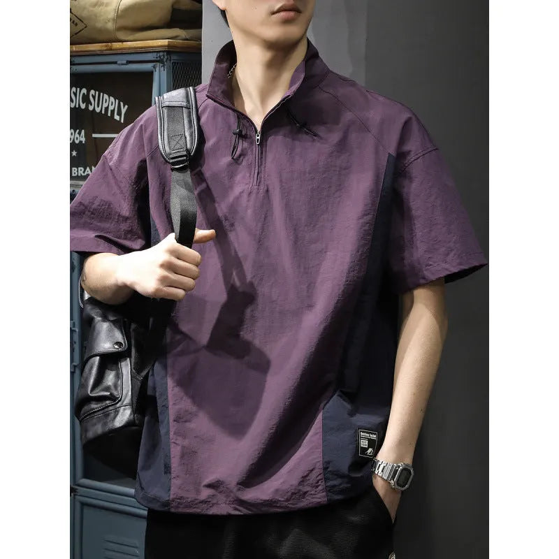 Brown men's casual business shirt with a half-zipped stand collar and short sleeves.