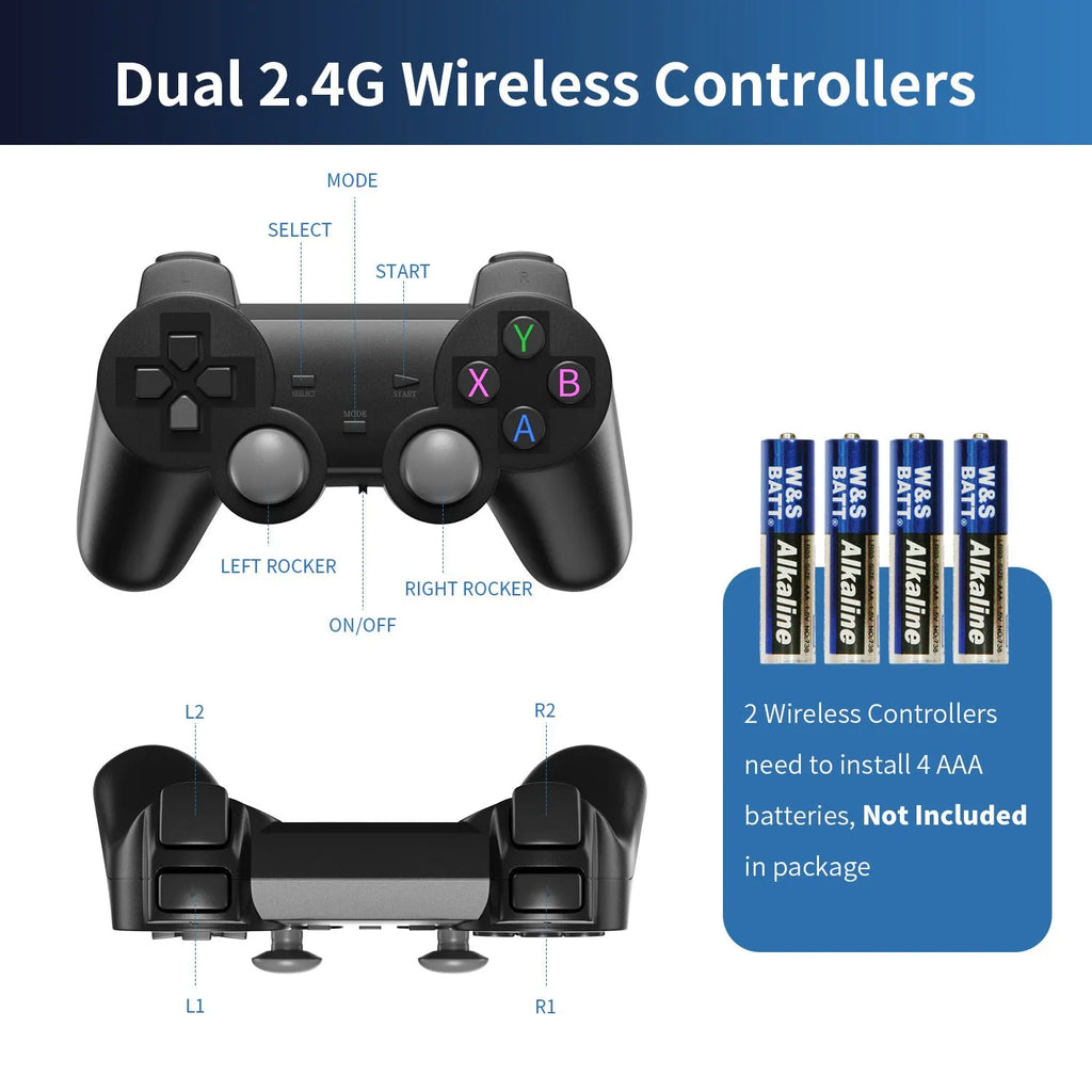 Wireless 4K game console and controller bundle with compact black ABS host on a table.