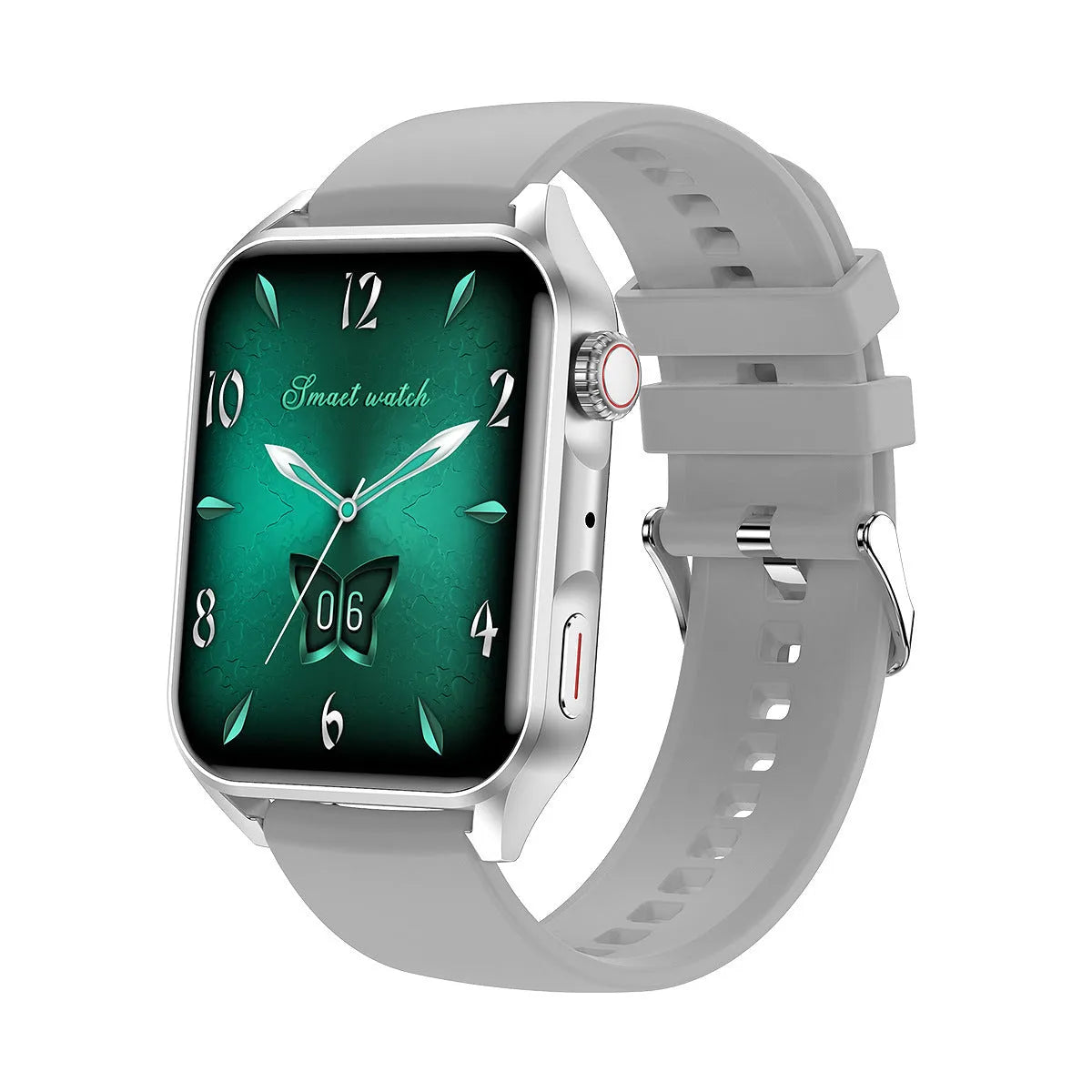 Smart watch with AMOLED screen and stainless steel case on silicone wrist strap