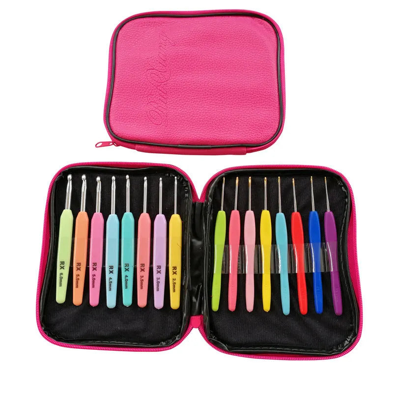 Complete 16-piece crochet hook set with soft and hard handles in PU storage bag