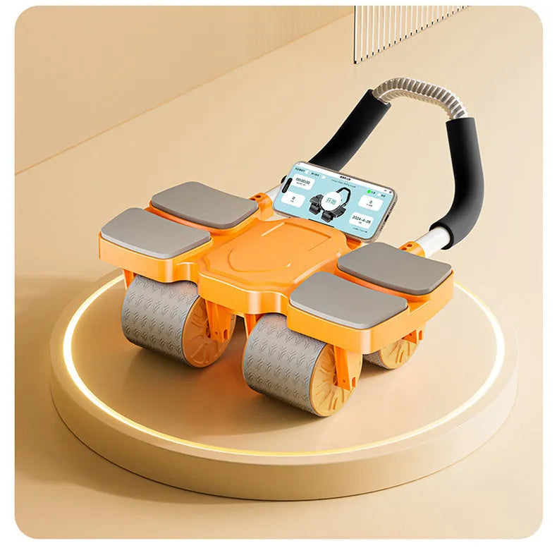 Automatic rebound abdominal wheel with four wheels in blue colour on a floor mat.