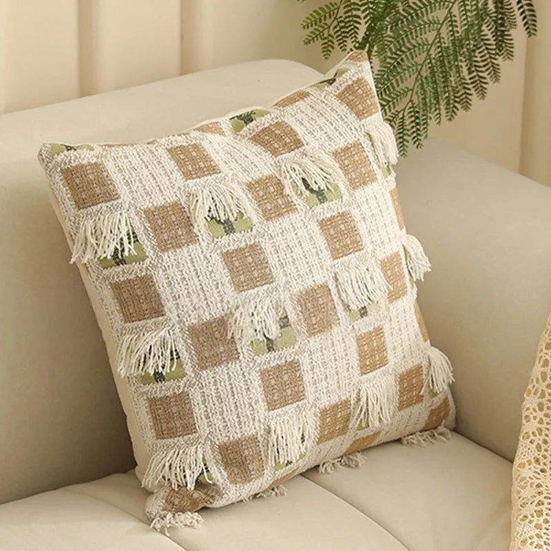 Square jacquard cushion cover with detailed plant and flower pattern in Nordic retro style.