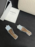 Women's pointed toe low heel sandals with back strap in apricot colour.