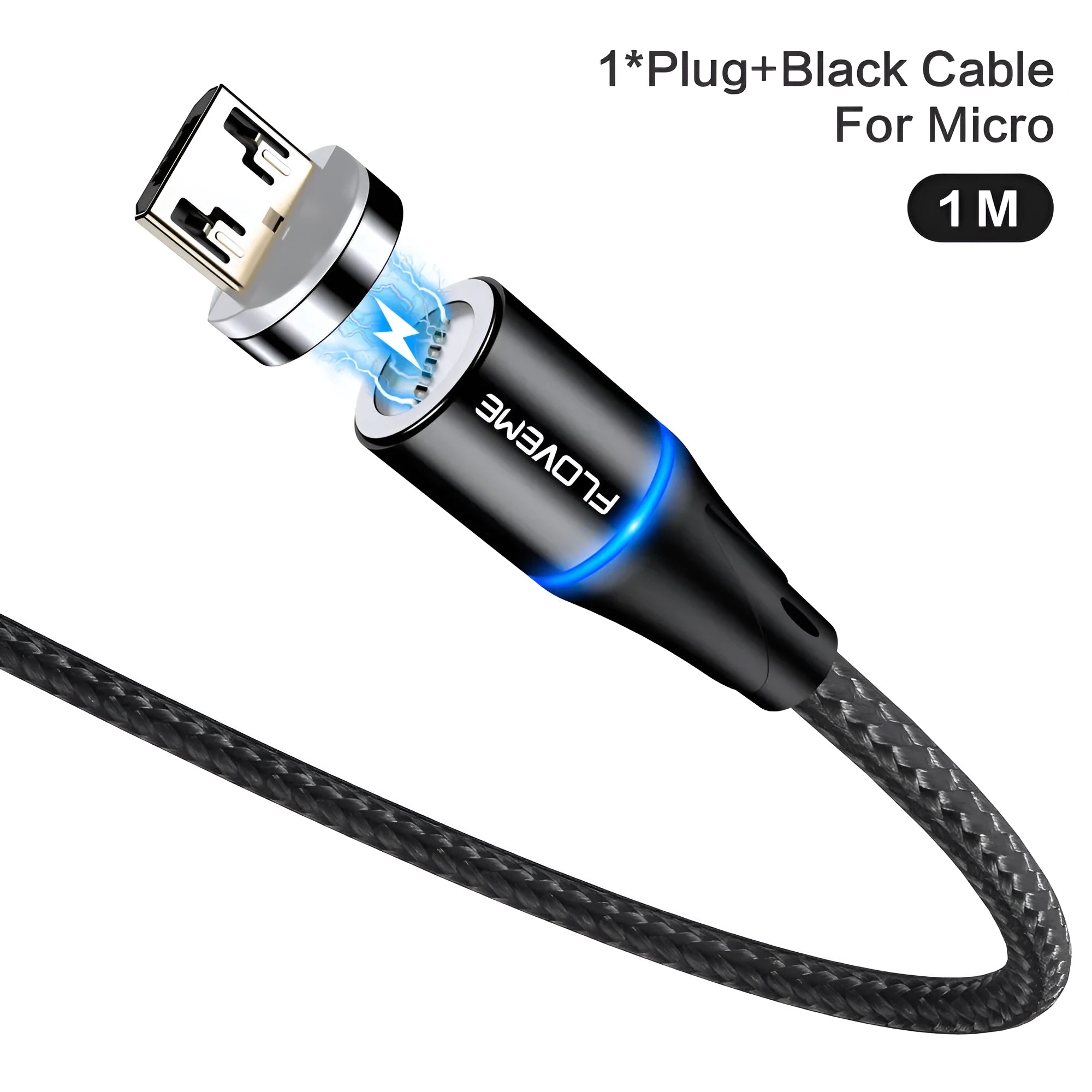 Magnetic USB fast charge and data cable for iPhone and Android phones in black, red, or silver.