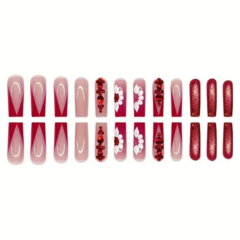 Sweet floral pattern removable artificial nails with prismatic red diamond accents in European square long shape