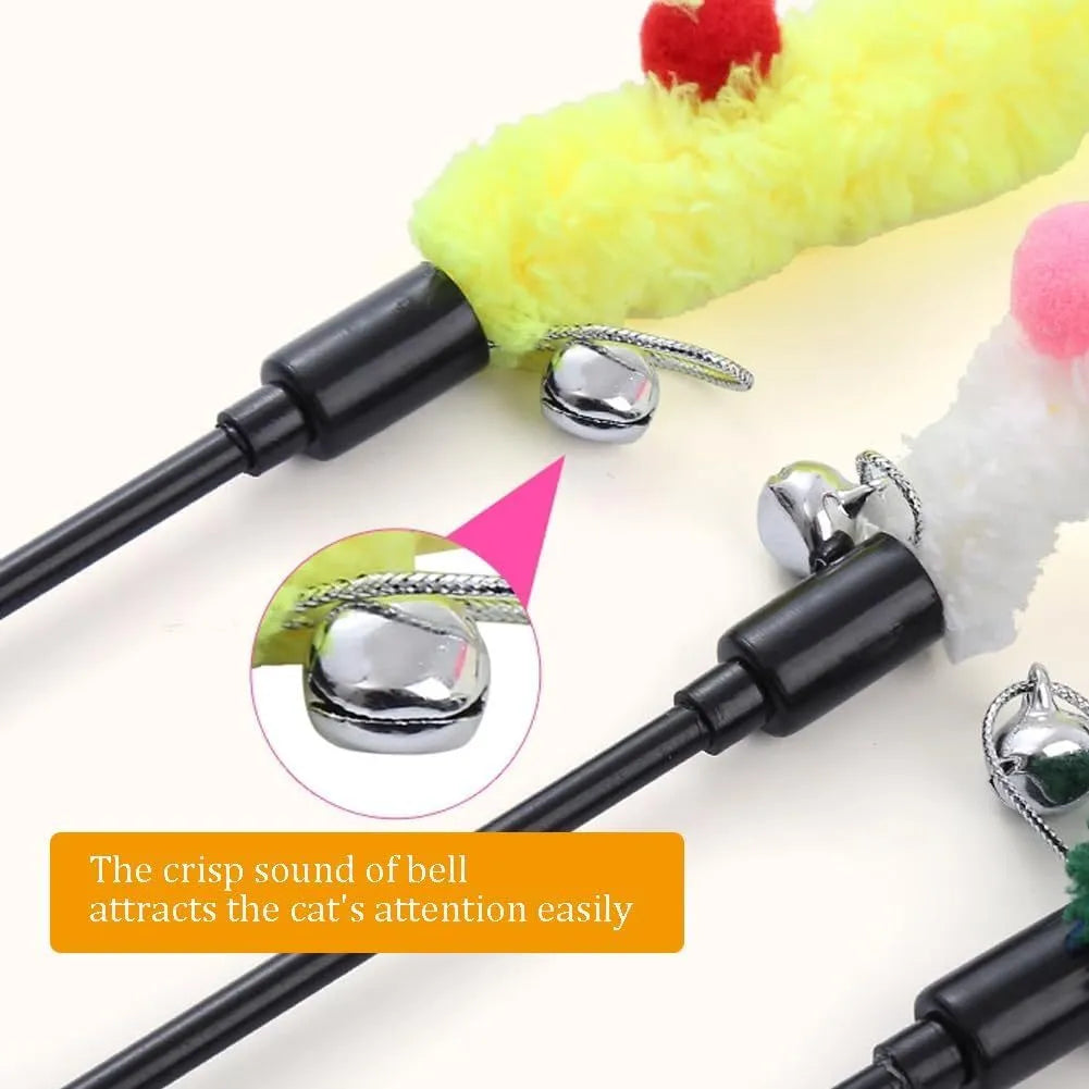 Blue interactive cat wand toy with a long plush strip, fluffy ball, and bells on a 41cm pole.