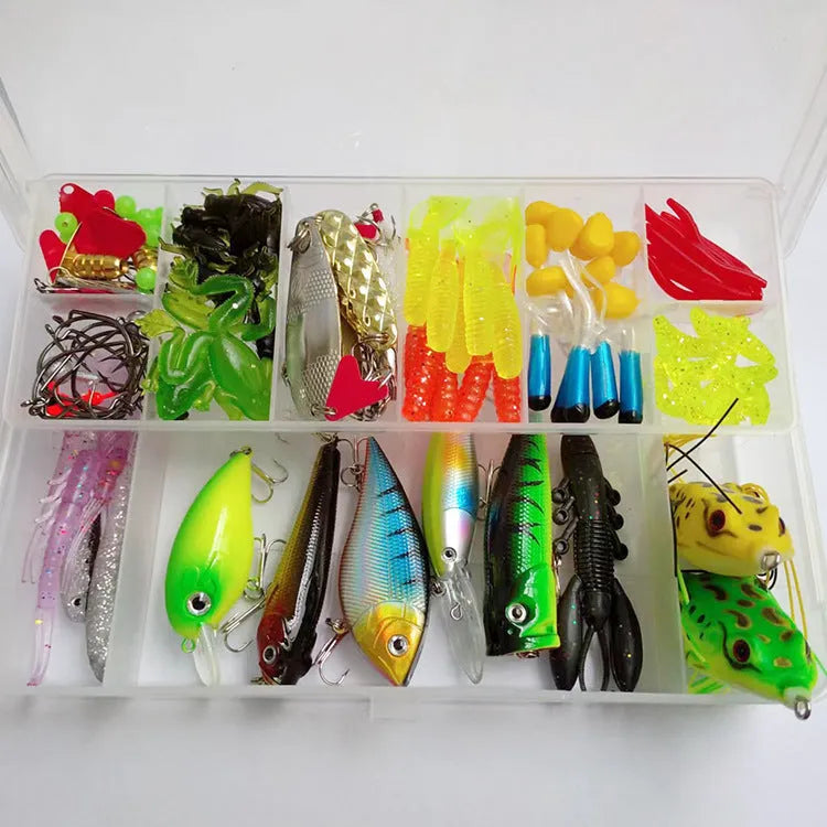142-piece fishing lure set showing hard minnow lures, sequin lures, fishing pliers, and hooks arranged together