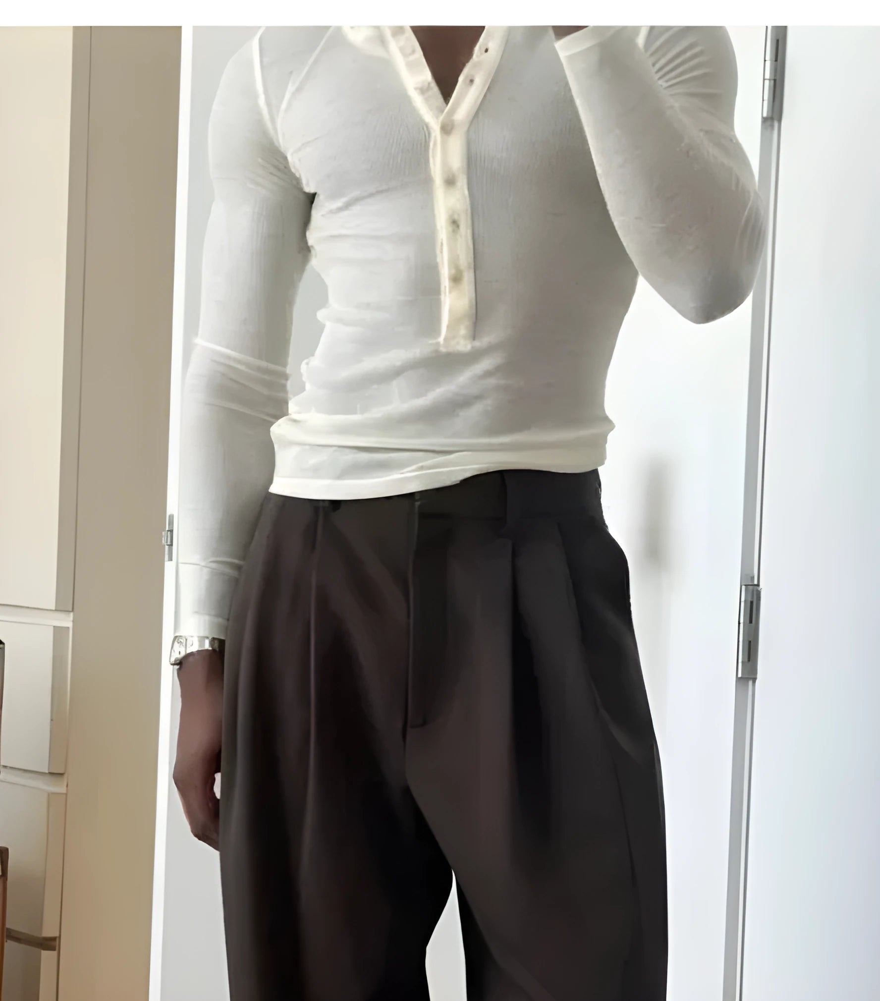 Men's cream-coloured ribbed long-sleeve henley top with a three-button placket