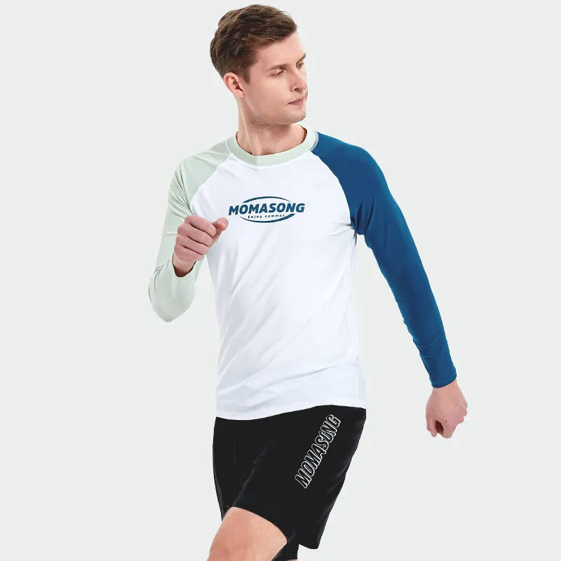 Men's white long-sleeve swim shirt and matching colour block swim trunks set on a man.