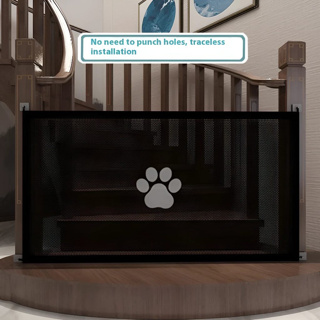 Portable folding cloth dog barrier net with pet doorsill design, shown in large and small size options.
