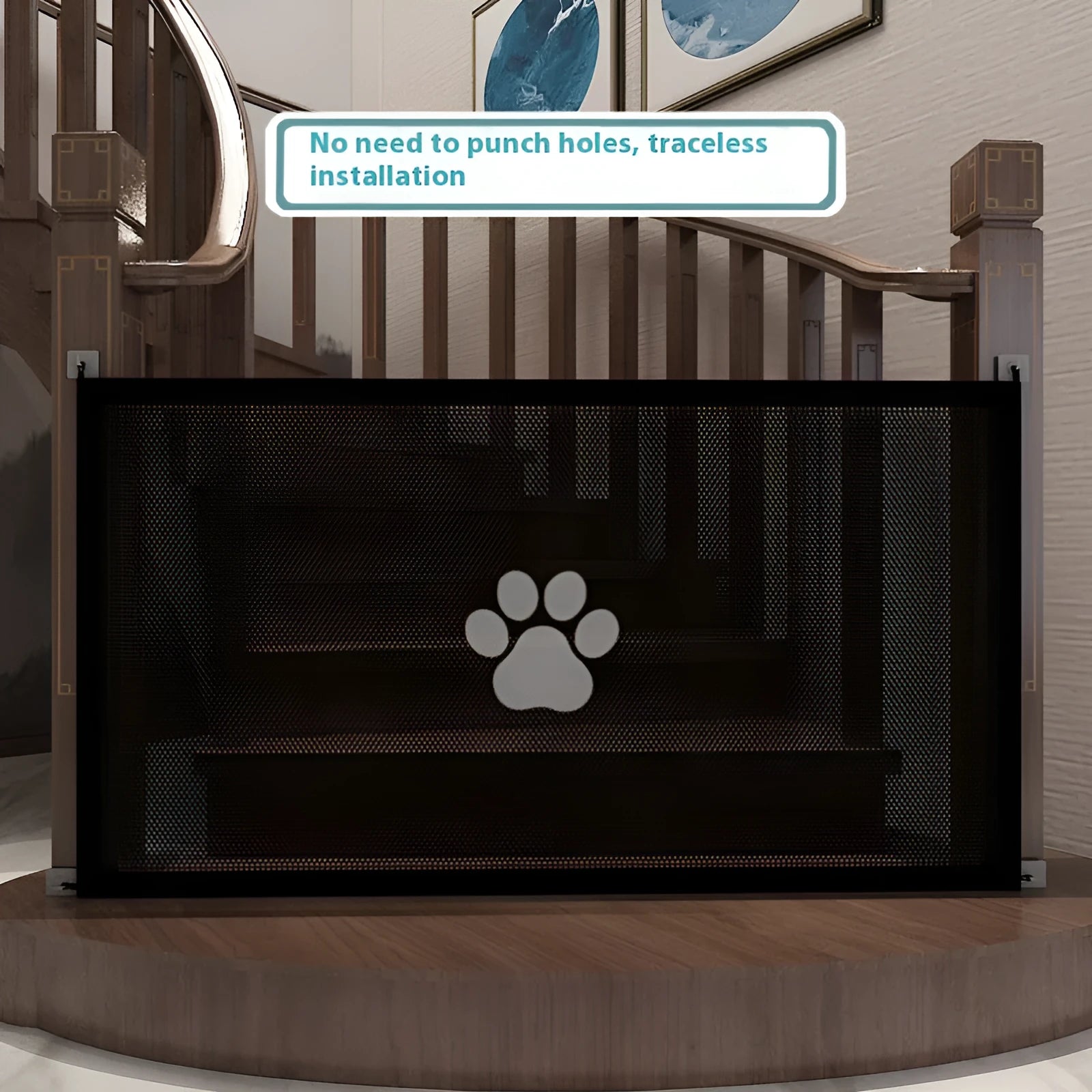 Portable folding cloth dog barrier net with pet doorsill design, shown in large and small size options.