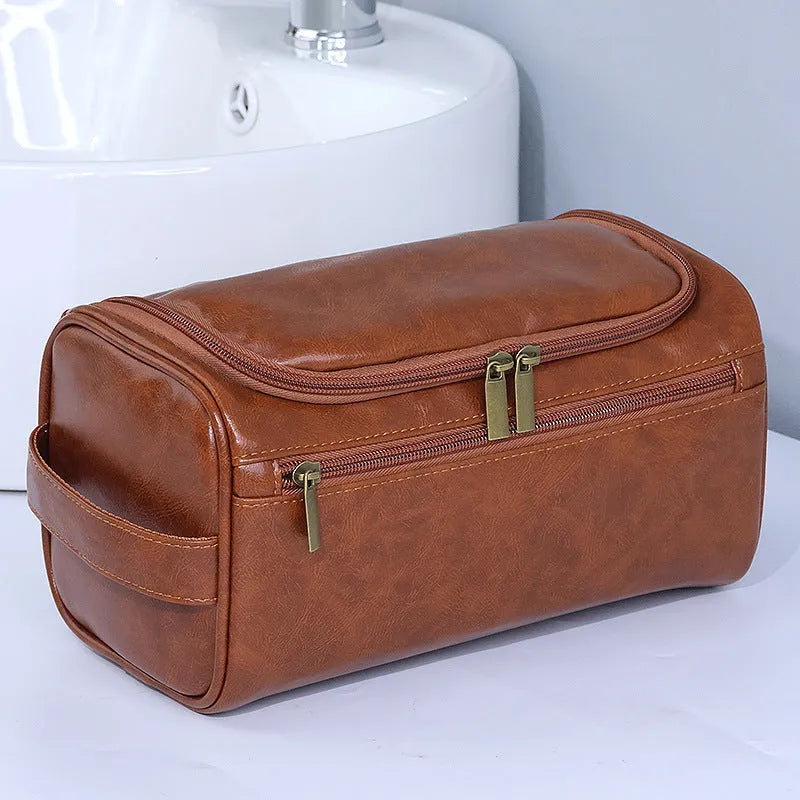 Large capacity waterproof cosmetic bag in retro style with skincare and makeup items inside