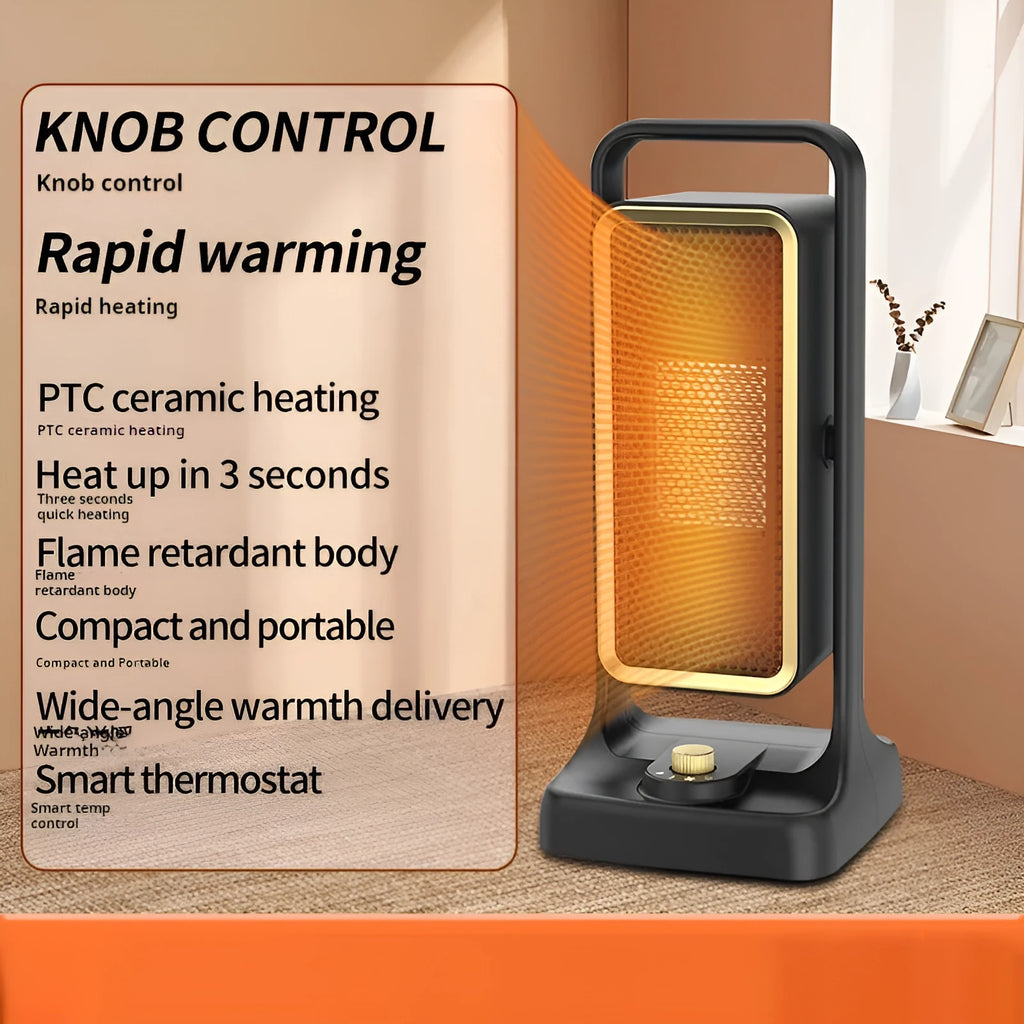 Black desktop PTC ceramic heater measuring 14.9cm wide with adjustable 500W-1000W output and three-speed fan