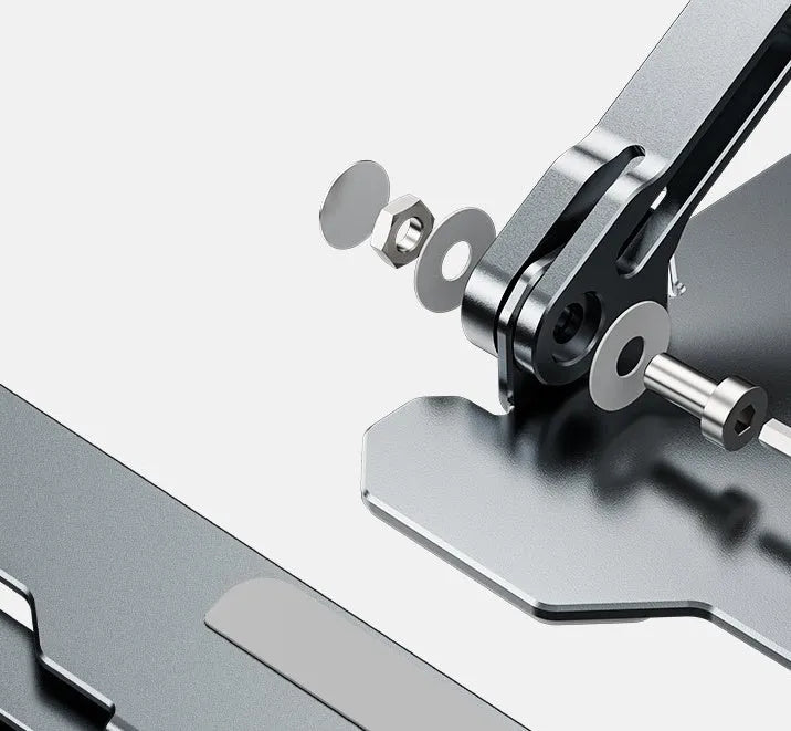 Grey aluminium laptop stand with adjustable angle and folding legs for portable use