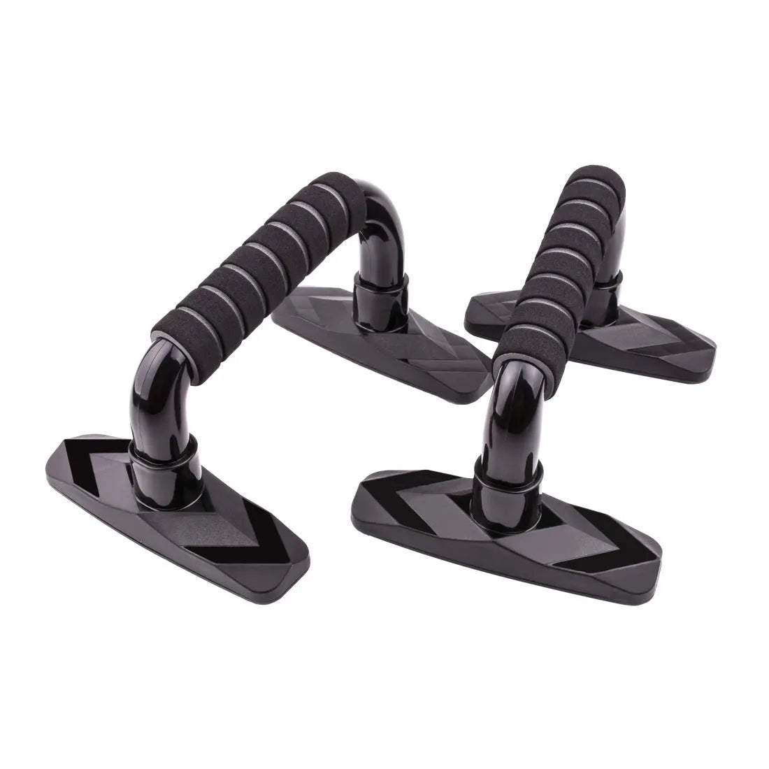 Pair of black I-shaped push up bars with textured PP sponge grips on a floor