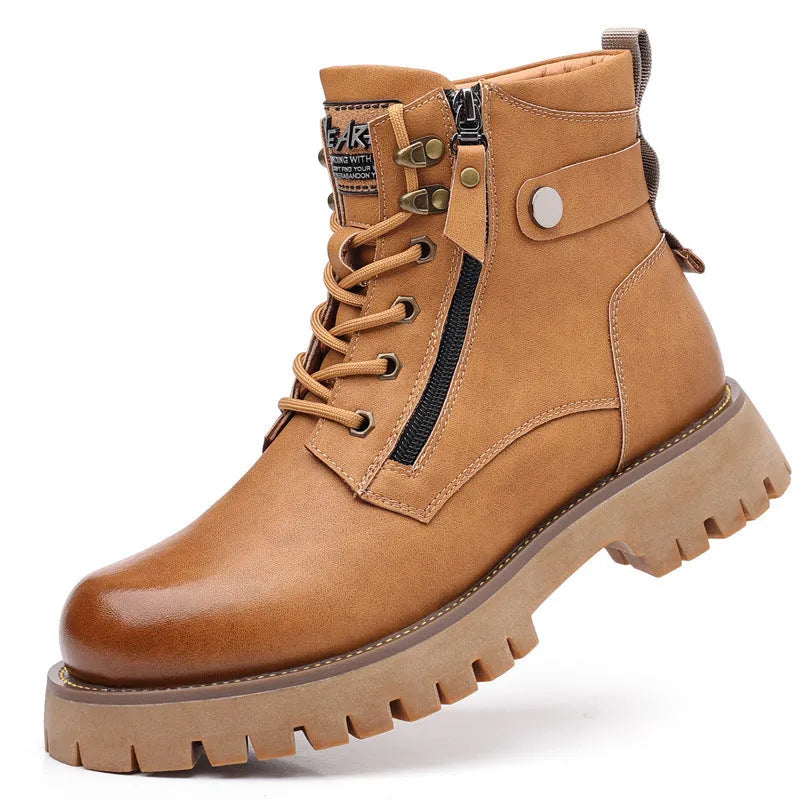 Men's brown high-top Martin boots with side zipper, round toe, and mid-calf length