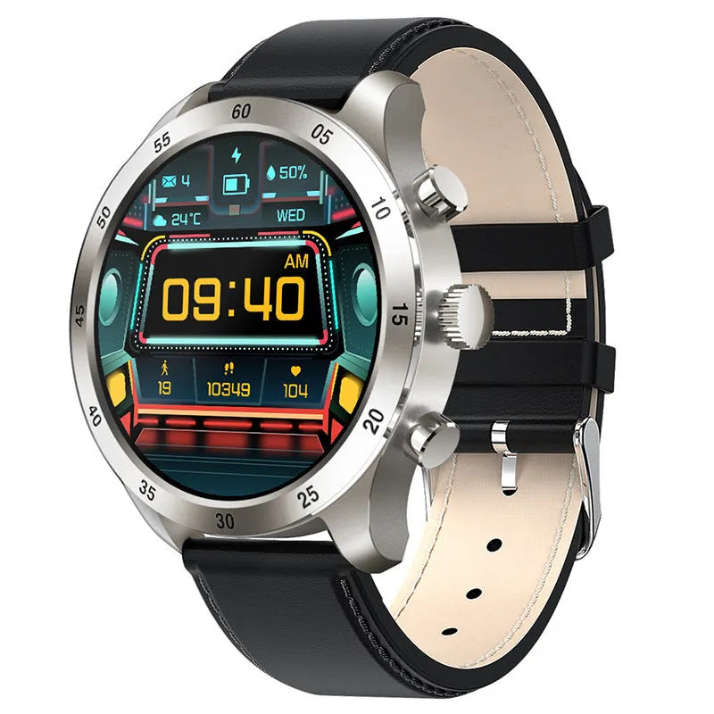 Black smart watch with touch screen display on a steel link bracelet, showing call interface.