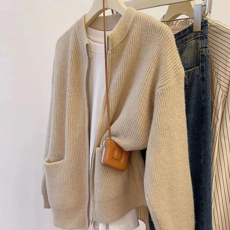 Beige soft glutinous viscose fibre sweater coat cardigan open front long sleeves