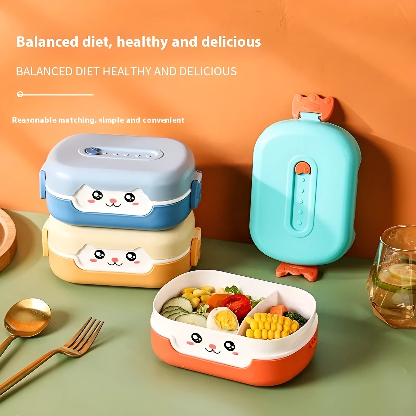 Square divided plastic lunch box in dark blue, orange yellow, or pink and green colours with cartoon style