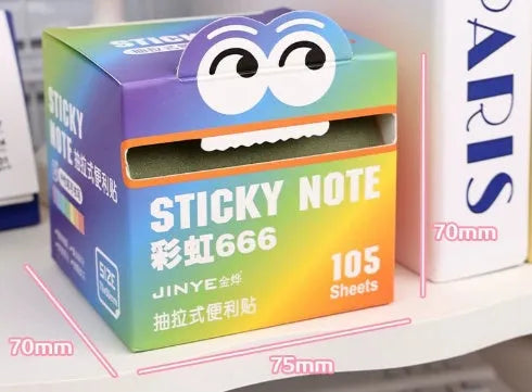 Box of pearl gradient transparent pull-out sticky notes showing 105-page pad and colour options.