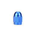 Aluminium alloy mountain bike tyre valve cap shown in five colour options: black, blue, gold, silver, and red