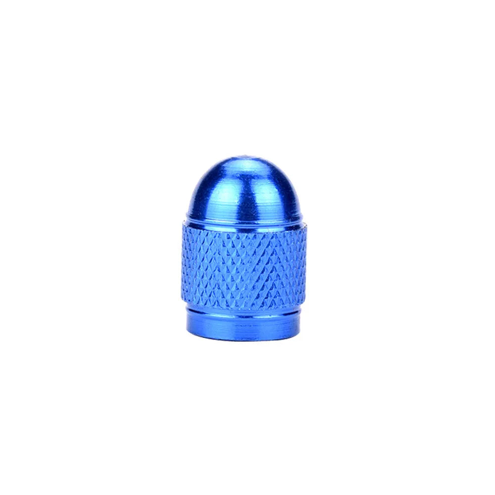 Aluminium alloy mountain bike tyre valve cap shown in five colour options: black, blue, gold, silver, and red