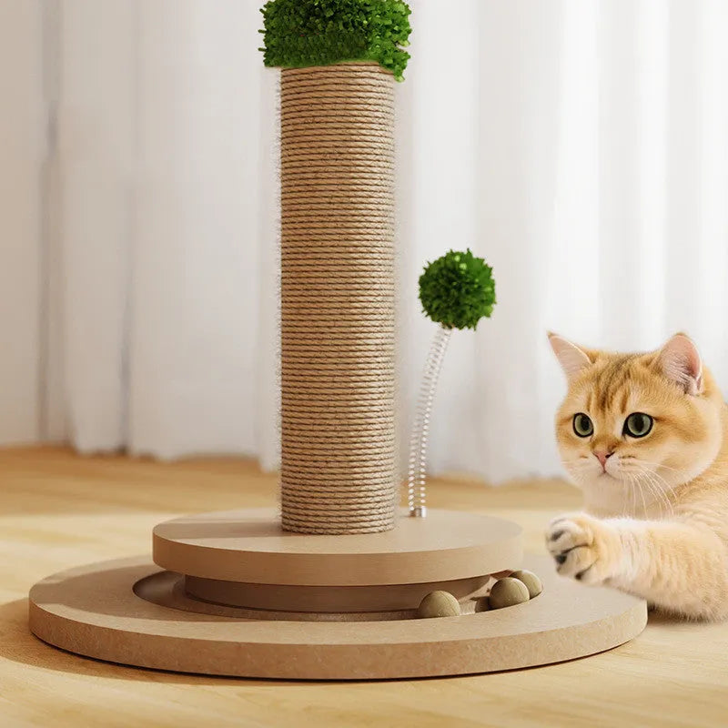 Vertical cat climbing frame with hemp rope wrapped posts on a density board base in canna colour