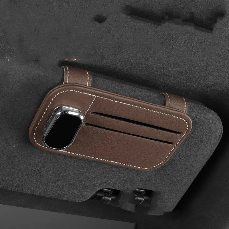 Cowhide leather car sun louver card holder with glasses clip in various colour options